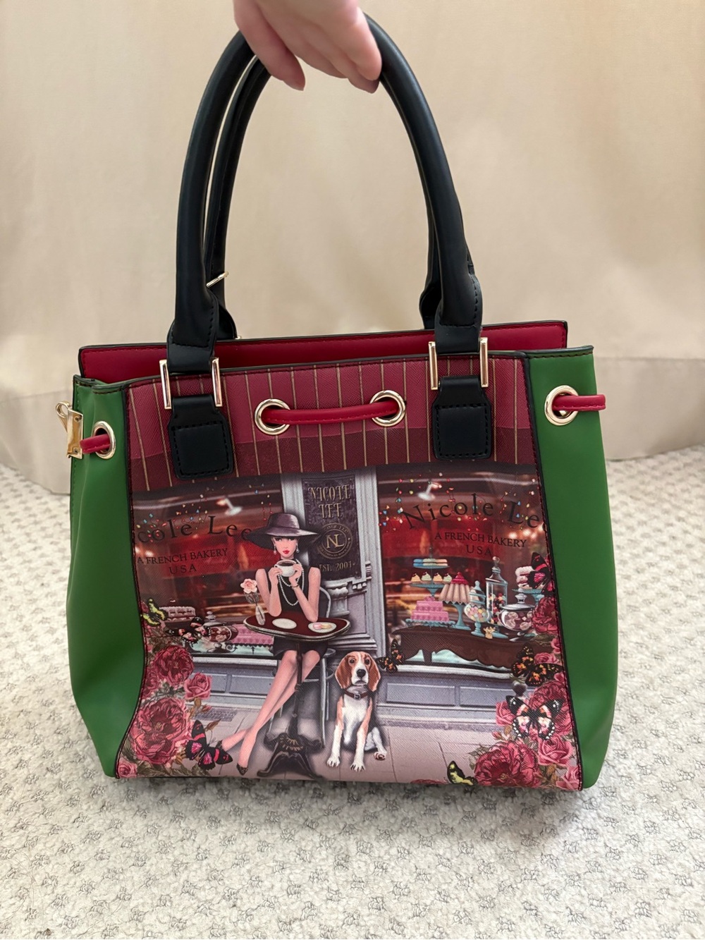 Nicole Lee Red, Green & Black Women's Satchel Handbag with Café Print - Picture 2 of 8